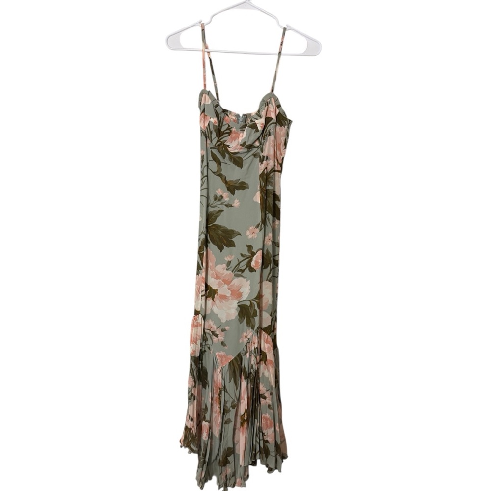 Reformation Sage Green Floral Midi Slip Dress with Pink Blooms